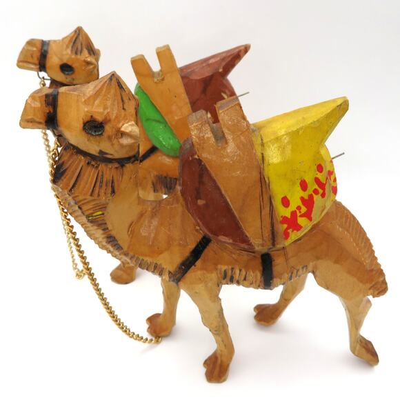 Pair of Hand Carved Wooden Camels 6” Folk Art Painted Figures Vintage Boho Decor - Picture 3 of 11